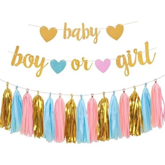 Baby Gender Reveal Decorations - Glitter Letters Baby & Boy or Girl with Banners - Picture 7 of 7